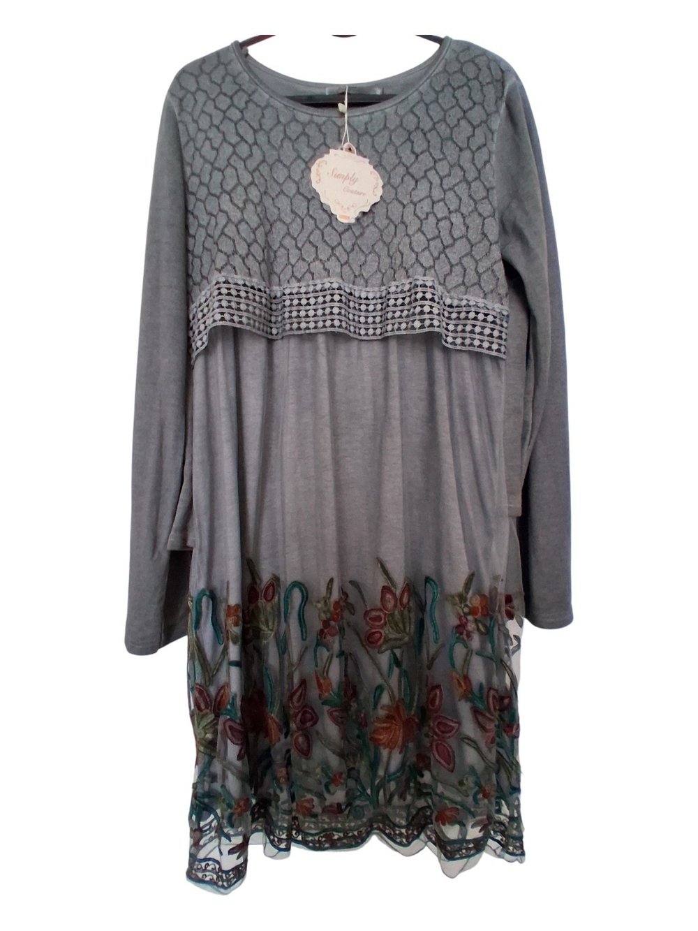 NWT Simply Couture Gray Embroidered Long-Sleeve Women's Tunic Dress